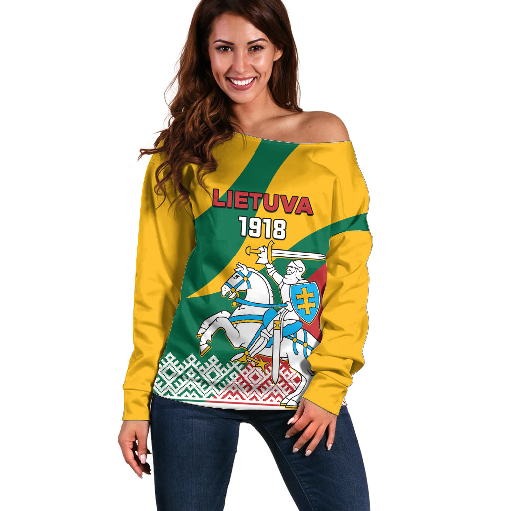 Lithuania Independence Day Personalized Off Shoulder Sweater Lietuva Vytis 106th Anniversary - Wonder Print Shop