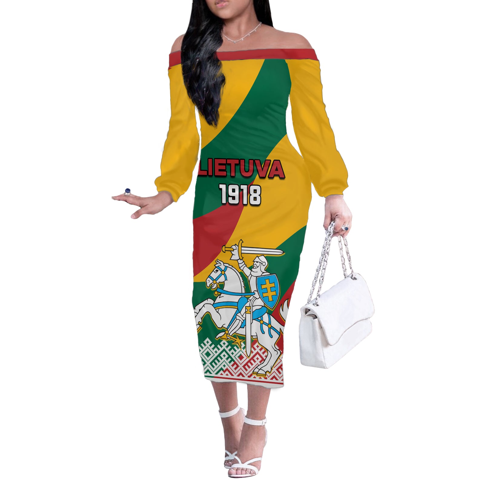 Lithuania Independence Day Personalized Off The Shoulder Long Sleeve Dress Lietuva Vytis 106th Anniversary - Wonder Print Shop