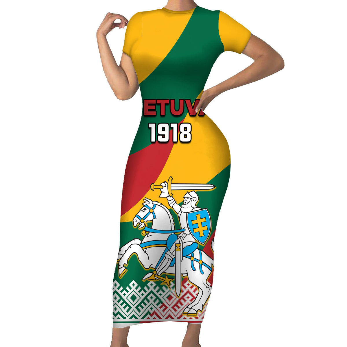 Lithuania Independence Day Personalized Short Sleeve Bodycon Dress Lietuva Vytis 106th Anniversary - Wonder Print Shop
