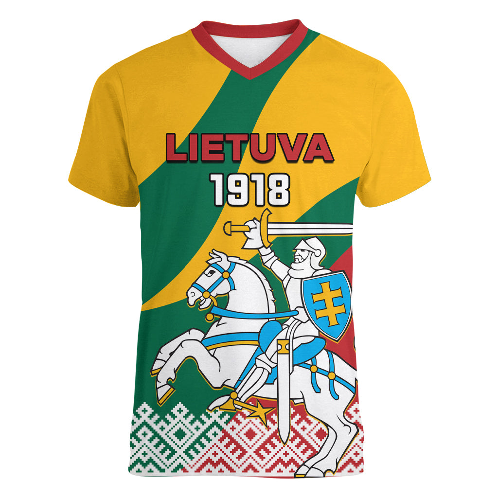Lithuania Independence Day Personalized Women V Neck T Shirt Lietuva Vytis 106th Anniversary - Wonder Print Shop