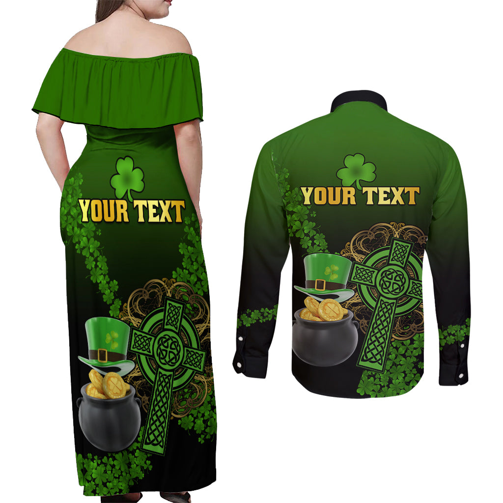 Leprechaun Hat Gold Coins St Patricks Day Personalized Couples Matching Off Shoulder Maxi Dress and Long Sleeve Button Shirt With Irish Celtic Shamrock - Wonder Print Shop