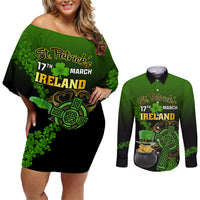 Leprechaun Hat Gold Coins St Patricks Day Personalized Couples Matching Off Shoulder Short Dress and Long Sleeve Button Shirt With Irish Celtic Shamrock - Wonder Print Shop