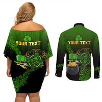 Leprechaun Hat Gold Coins St Patricks Day Personalized Couples Matching Off Shoulder Short Dress and Long Sleeve Button Shirt With Irish Celtic Shamrock - Wonder Print Shop