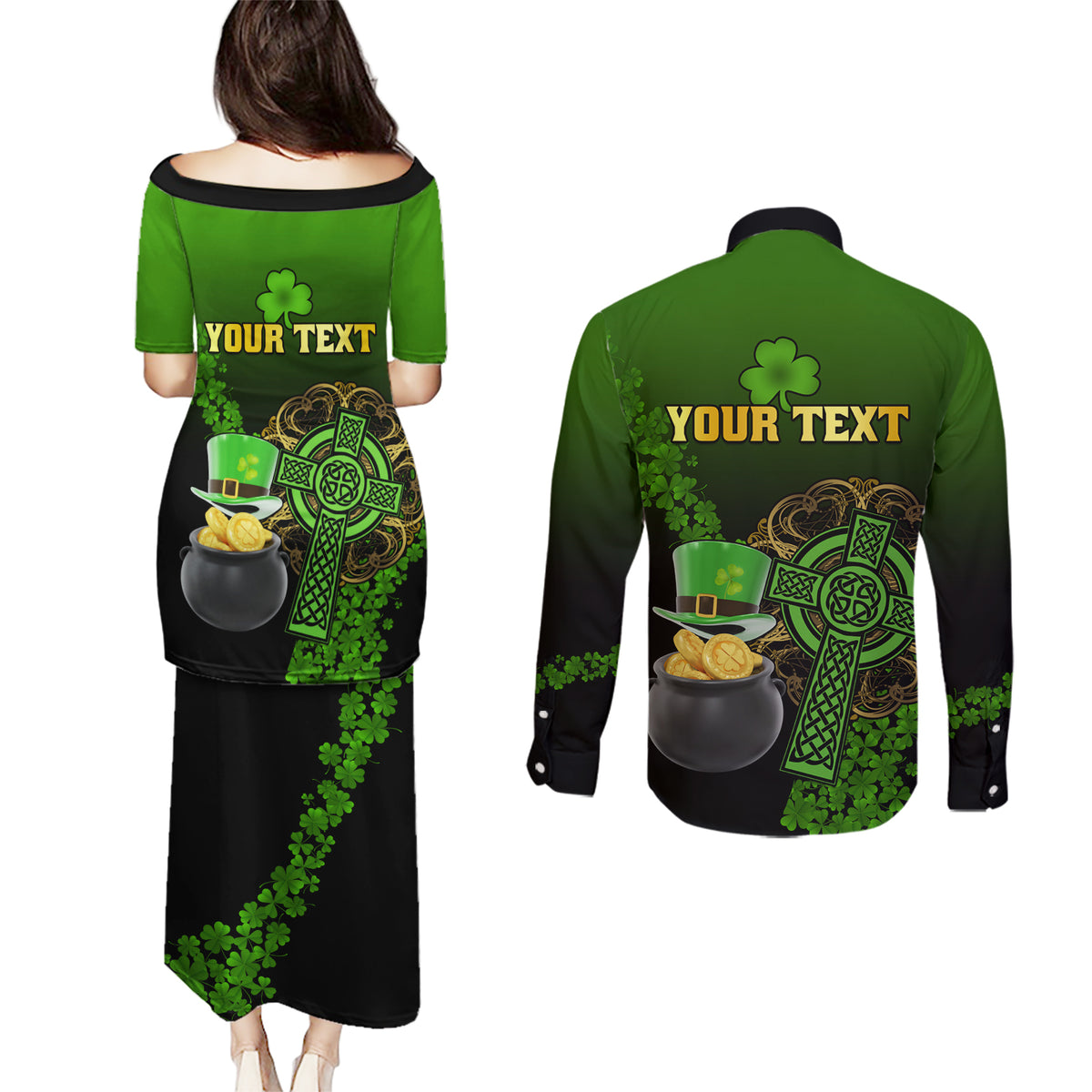 Leprechaun Hat Gold Coins St Patricks Day Personalized Couples Matching Puletasi and Long Sleeve Button Shirt With Irish Celtic Shamrock - Wonder Print Shop