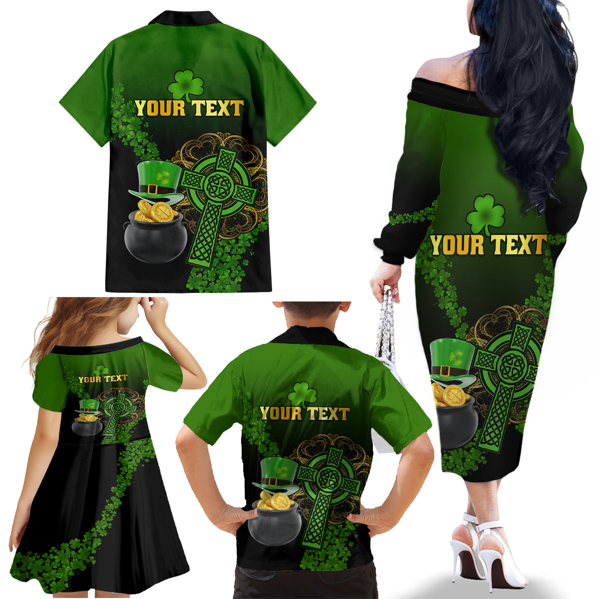 Leprechaun Hat Gold Coins St Patricks Day Personalized Family Matching Off Shoulder Long Sleeve Dress and Hawaiian Shirt With Irish Celtic Shamrock - Wonder Print Shop