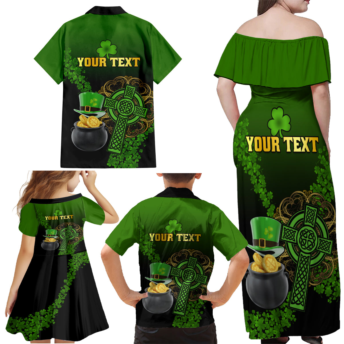 Leprechaun Hat Gold Coins St Patricks Day Personalized Family Matching Off Shoulder Maxi Dress and Hawaiian Shirt With Irish Celtic Shamrock - Wonder Print Shop