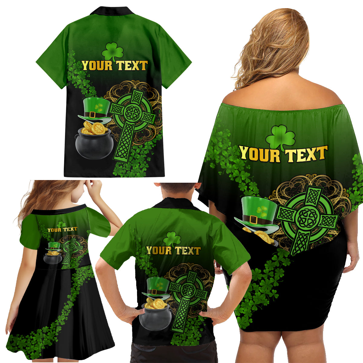 Leprechaun Hat Gold Coins St Patricks Day Personalized Family Matching Off Shoulder Short Dress and Hawaiian Shirt With Irish Celtic Shamrock - Wonder Print Shop