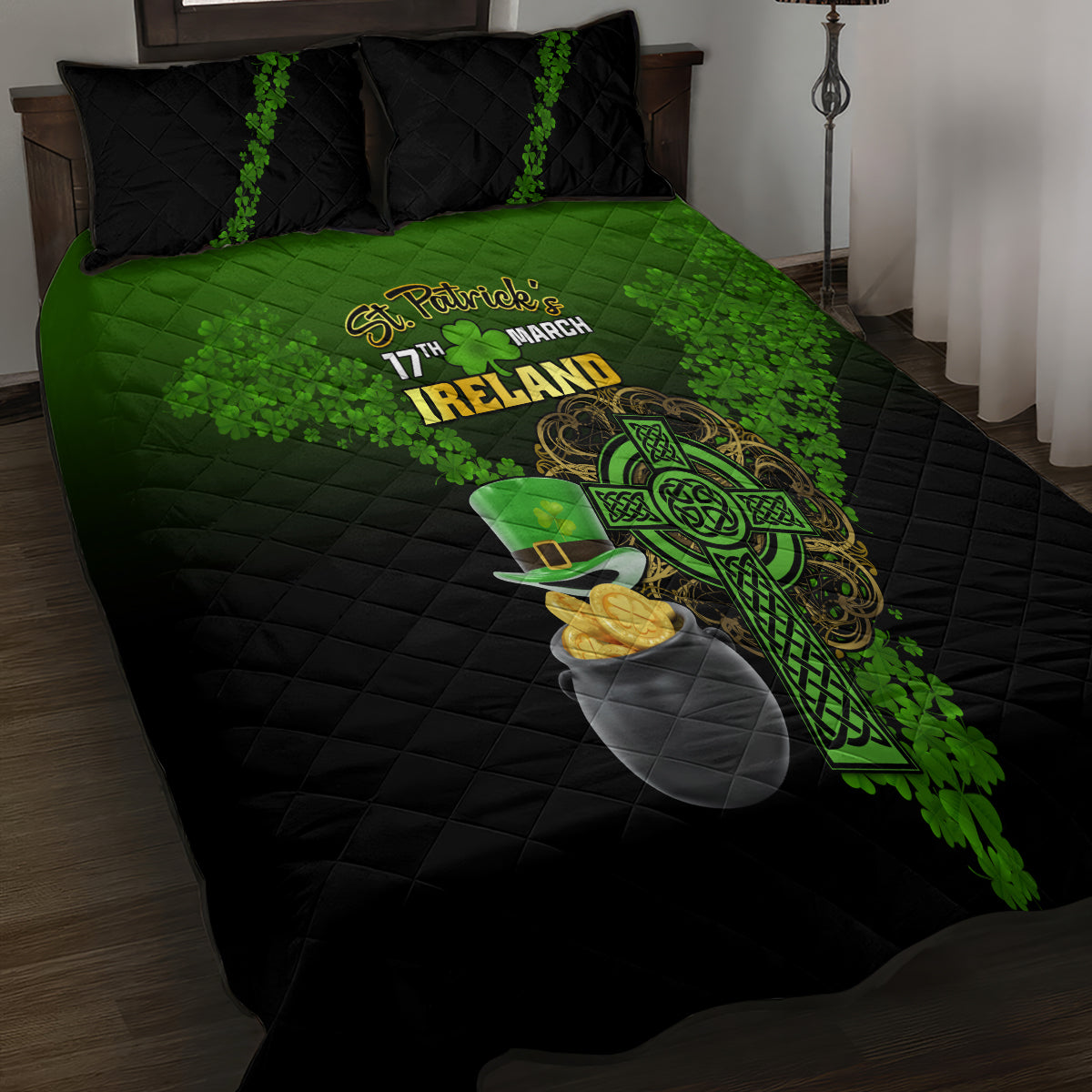 Leprechaun Hat Gold Coins St Patricks Day Personalized Quilt Bed Set With Irish Celtic Shamrock - Wonder Print Shop