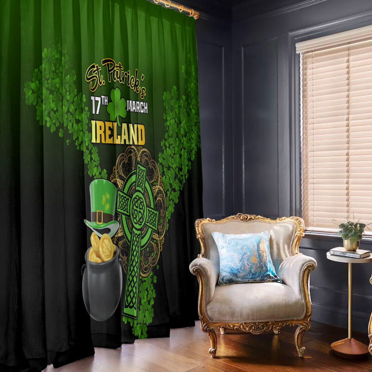 Leprechaun Hat Gold Coins St Patricks Day Personalized Window Curtain With Irish Celtic Shamrock - Wonder Print Shop