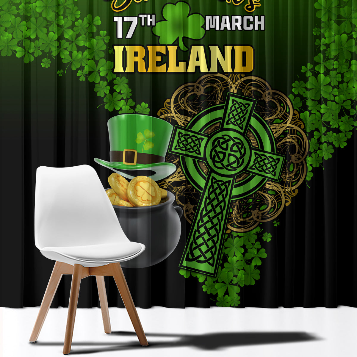 Leprechaun Hat Gold Coins St Patricks Day Personalized Window Curtain With Irish Celtic Shamrock - Wonder Print Shop