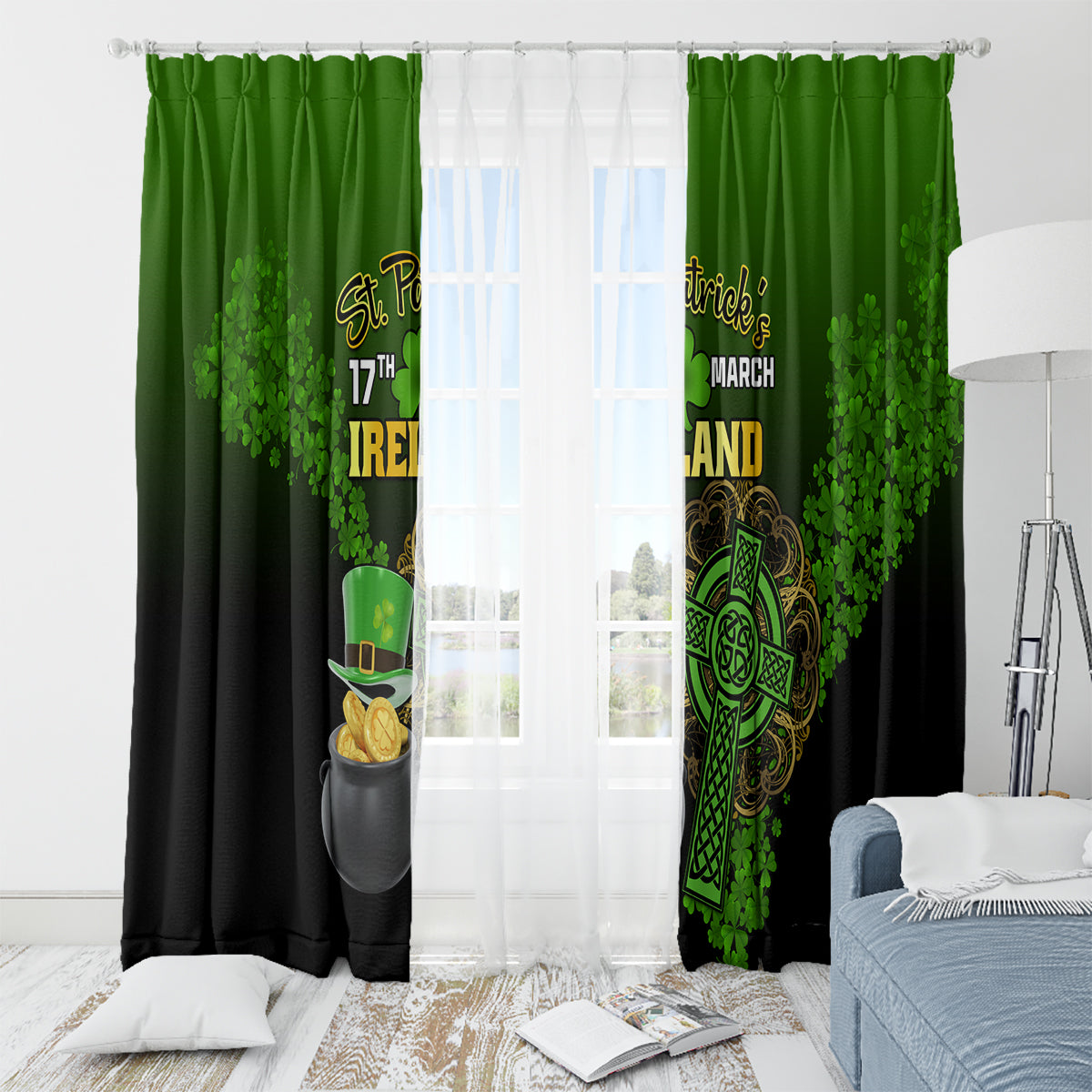 Leprechaun Hat Gold Coins St Patricks Day Personalized Window Curtain With Irish Celtic Shamrock - Wonder Print Shop
