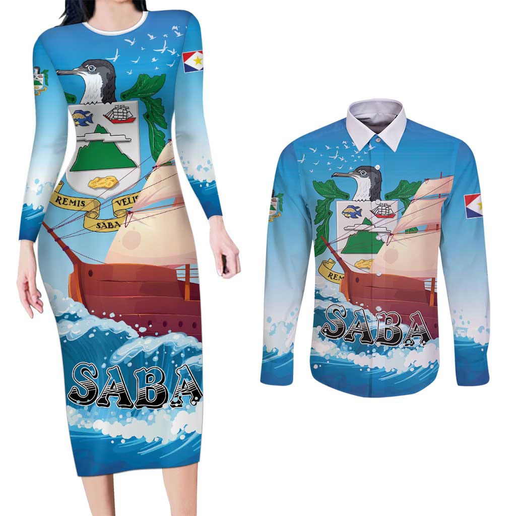 Personalized Saba Couples Matching Long Sleeve Bodycon Dress and Long Sleeve Button Shirt Sailboat Remis Velisque