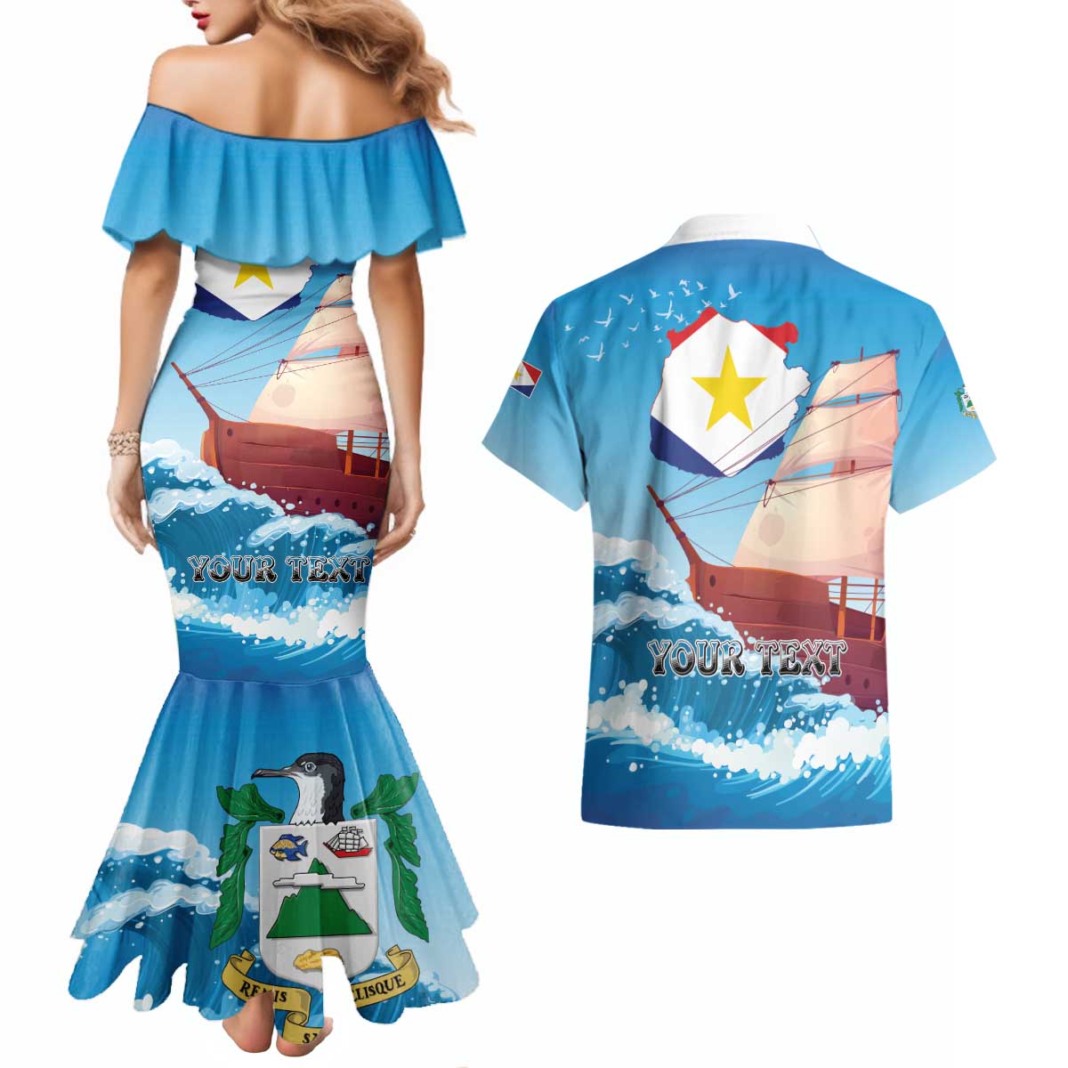 Personalized Saba Couples Matching Mermaid Dress and Hawaiian Shirt Sailboat Remis Velisque