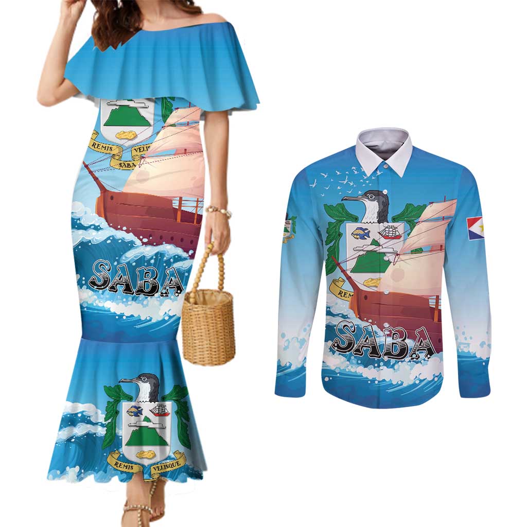 Personalized Saba Couples Matching Mermaid Dress and Long Sleeve Button Shirt Sailboat Remis Velisque