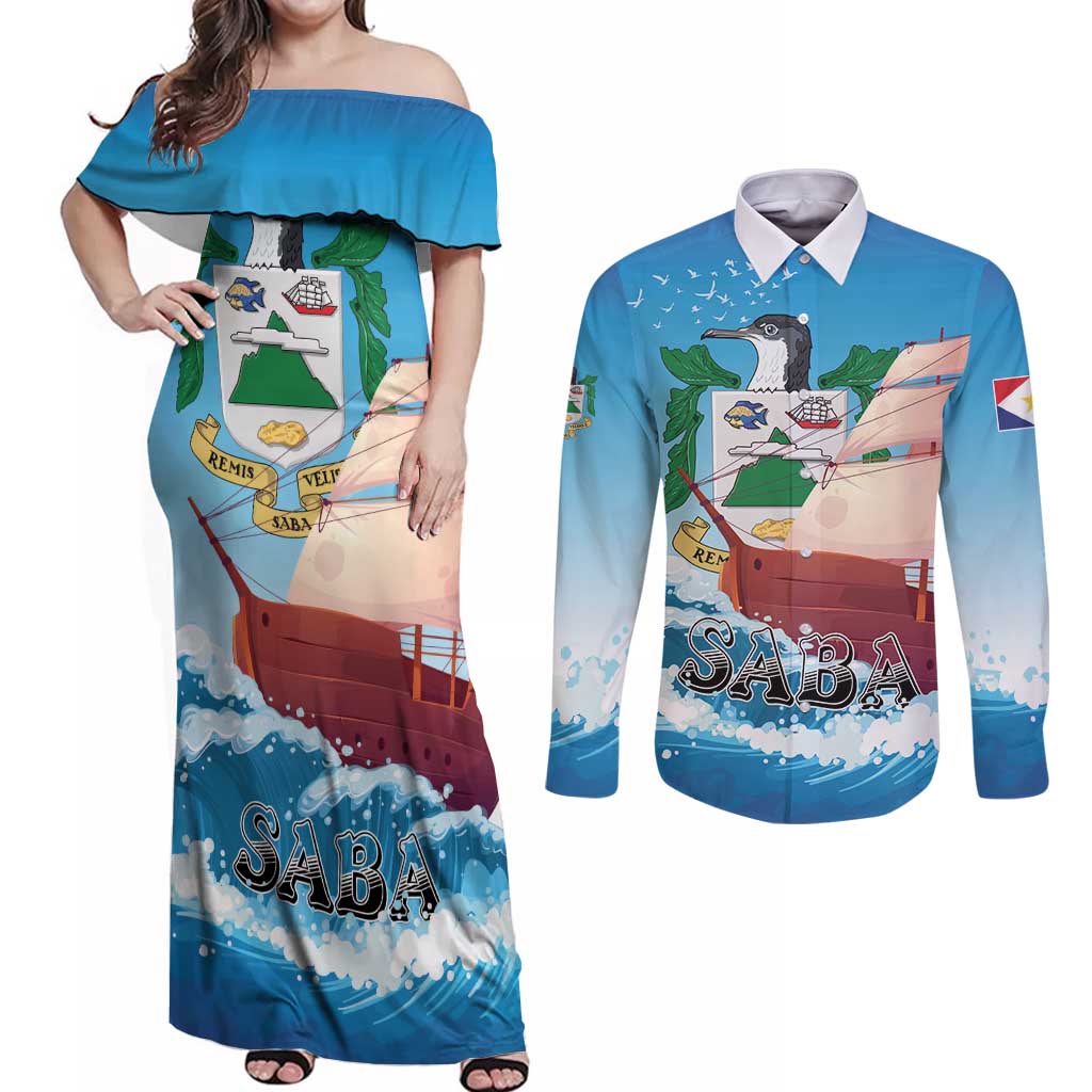 Personalized Saba Couples Matching Off Shoulder Maxi Dress and Long Sleeve Button Shirt Sailboat Remis Velisque