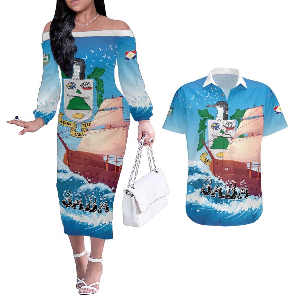 Personalized Saba Couples Matching Off The Shoulder Long Sleeve Dress and Hawaiian Shirt Sailboat Remis Velisque