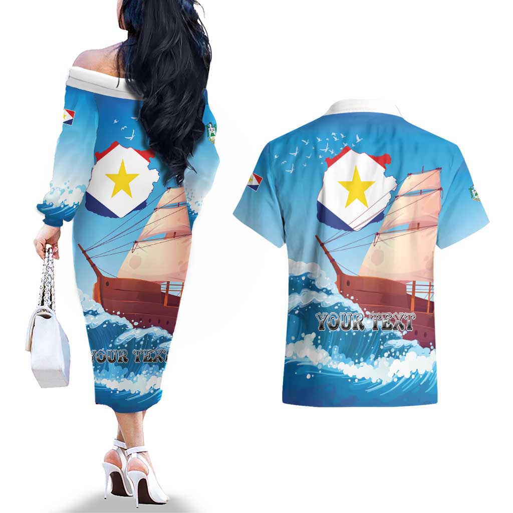 Personalized Saba Couples Matching Off The Shoulder Long Sleeve Dress and Hawaiian Shirt Sailboat Remis Velisque
