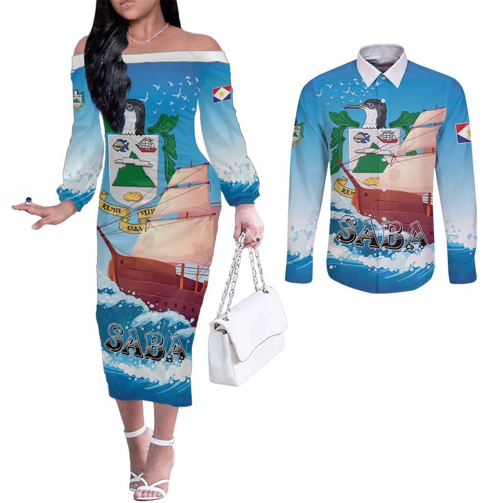 Personalized Saba Couples Matching Off The Shoulder Long Sleeve Dress and Long Sleeve Button Shirt Sailboat Remis Velisque