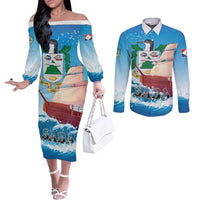 Personalized Saba Couples Matching Off The Shoulder Long Sleeve Dress and Long Sleeve Button Shirt Sailboat Remis Velisque