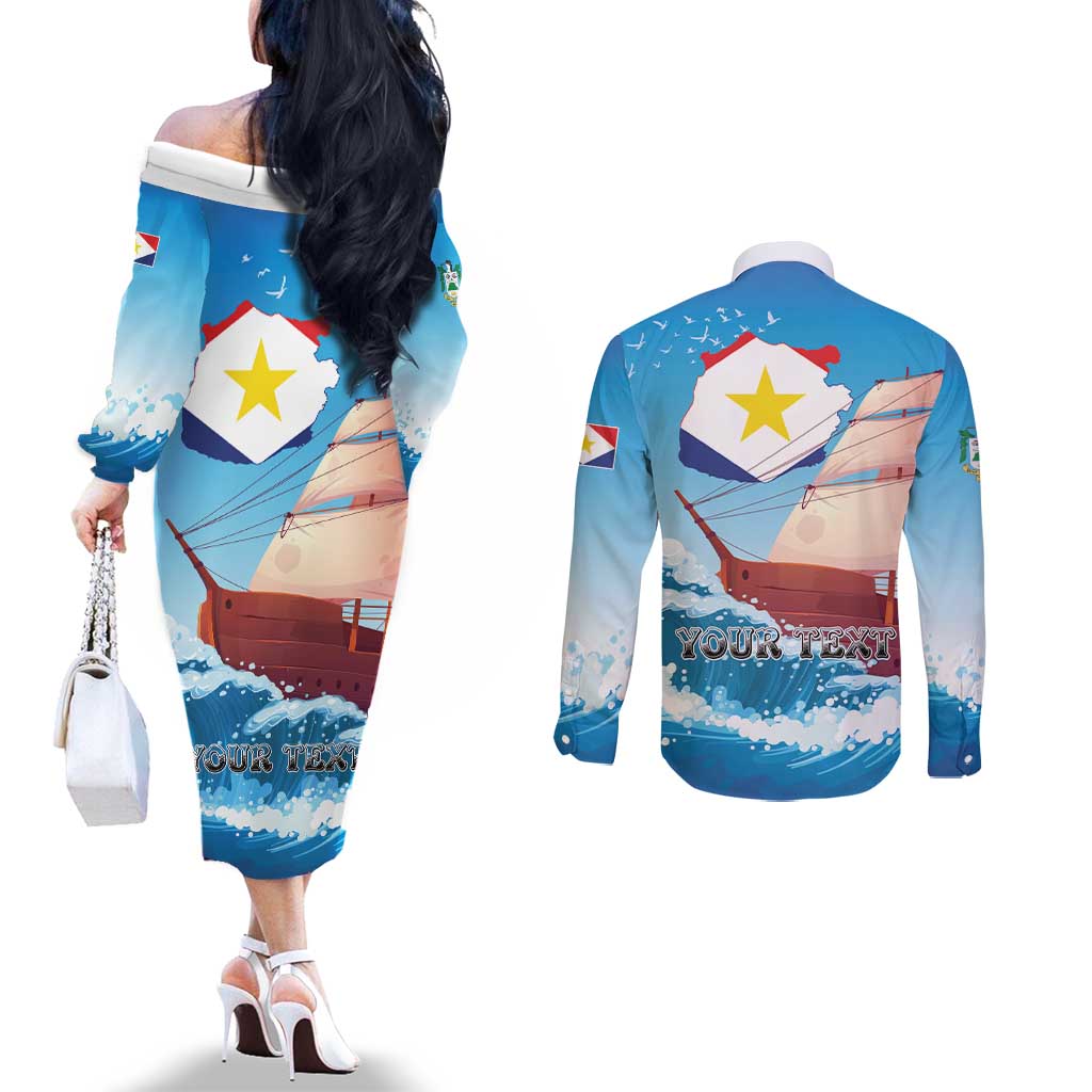 Personalized Saba Couples Matching Off The Shoulder Long Sleeve Dress and Long Sleeve Button Shirt Sailboat Remis Velisque