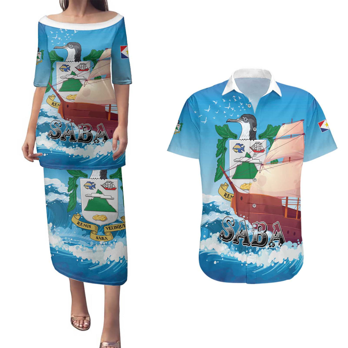 Personalized Saba Couples Matching Puletasi and Hawaiian Shirt Sailboat Remis Velisque