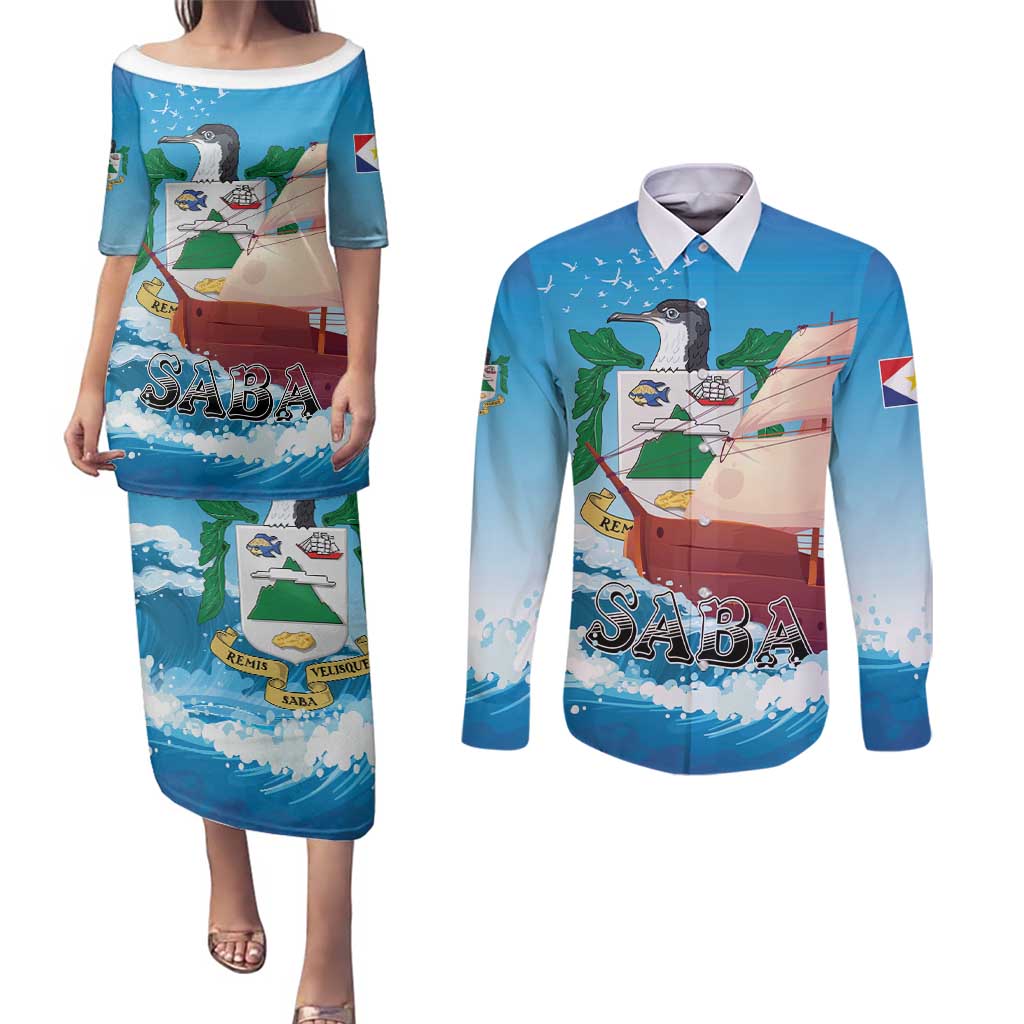 Personalized Saba Couples Matching Puletasi and Long Sleeve Button Shirt Sailboat Remis Velisque