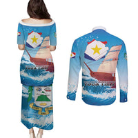 Personalized Saba Couples Matching Puletasi and Long Sleeve Button Shirt Sailboat Remis Velisque