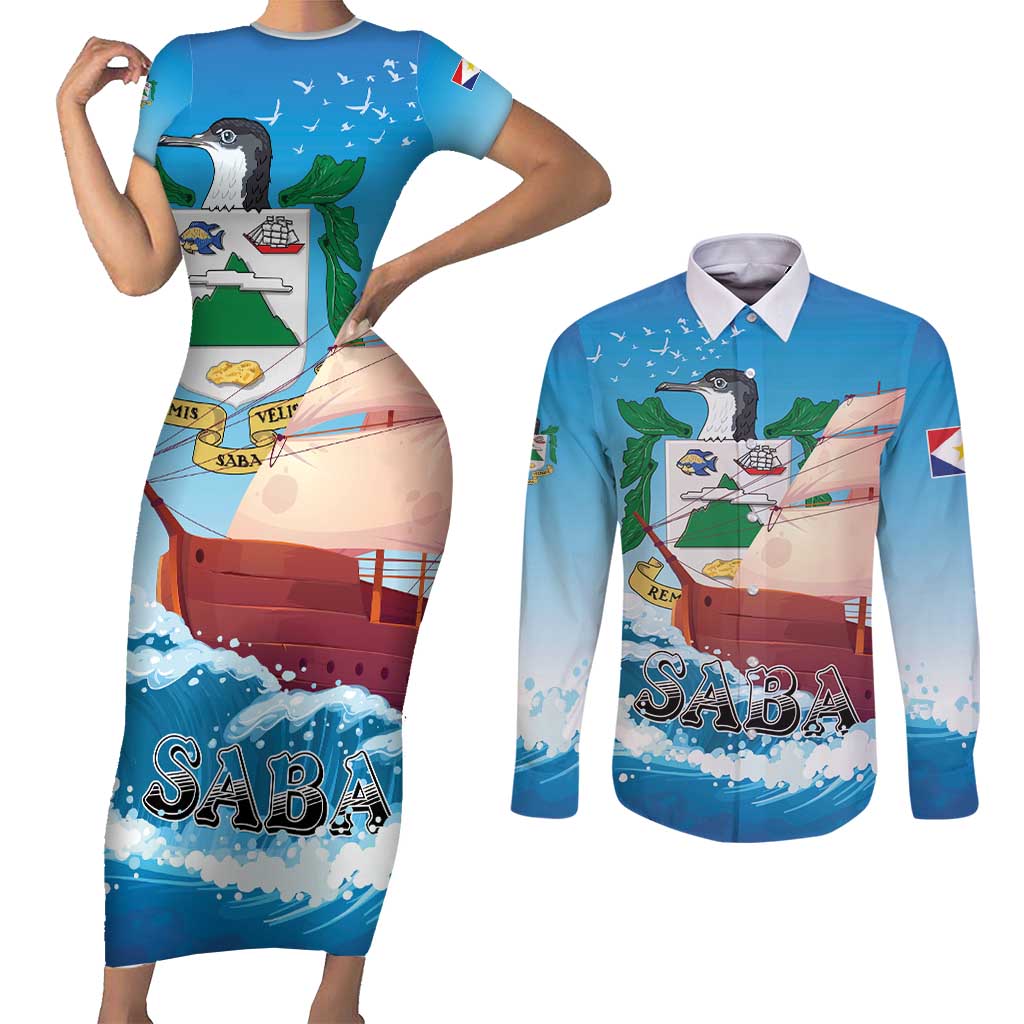 Personalized Saba Couples Matching Short Sleeve Bodycon Dress and Long Sleeve Button Shirt Sailboat Remis Velisque