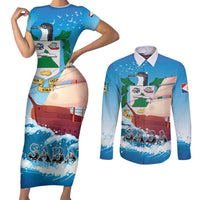 Personalized Saba Couples Matching Short Sleeve Bodycon Dress and Long Sleeve Button Shirt Sailboat Remis Velisque