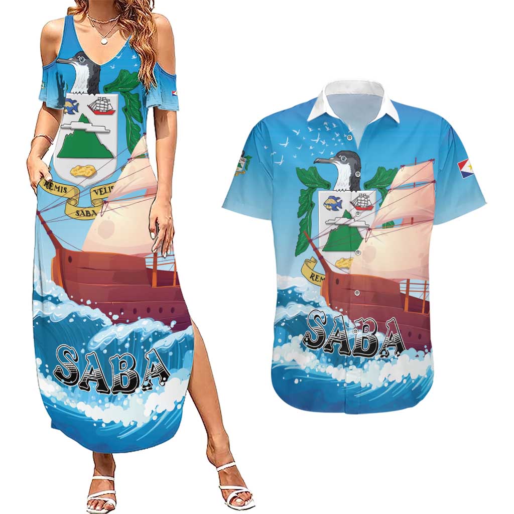 Personalized Saba Couples Matching Summer Maxi Dress and Hawaiian Shirt Sailboat Remis Velisque