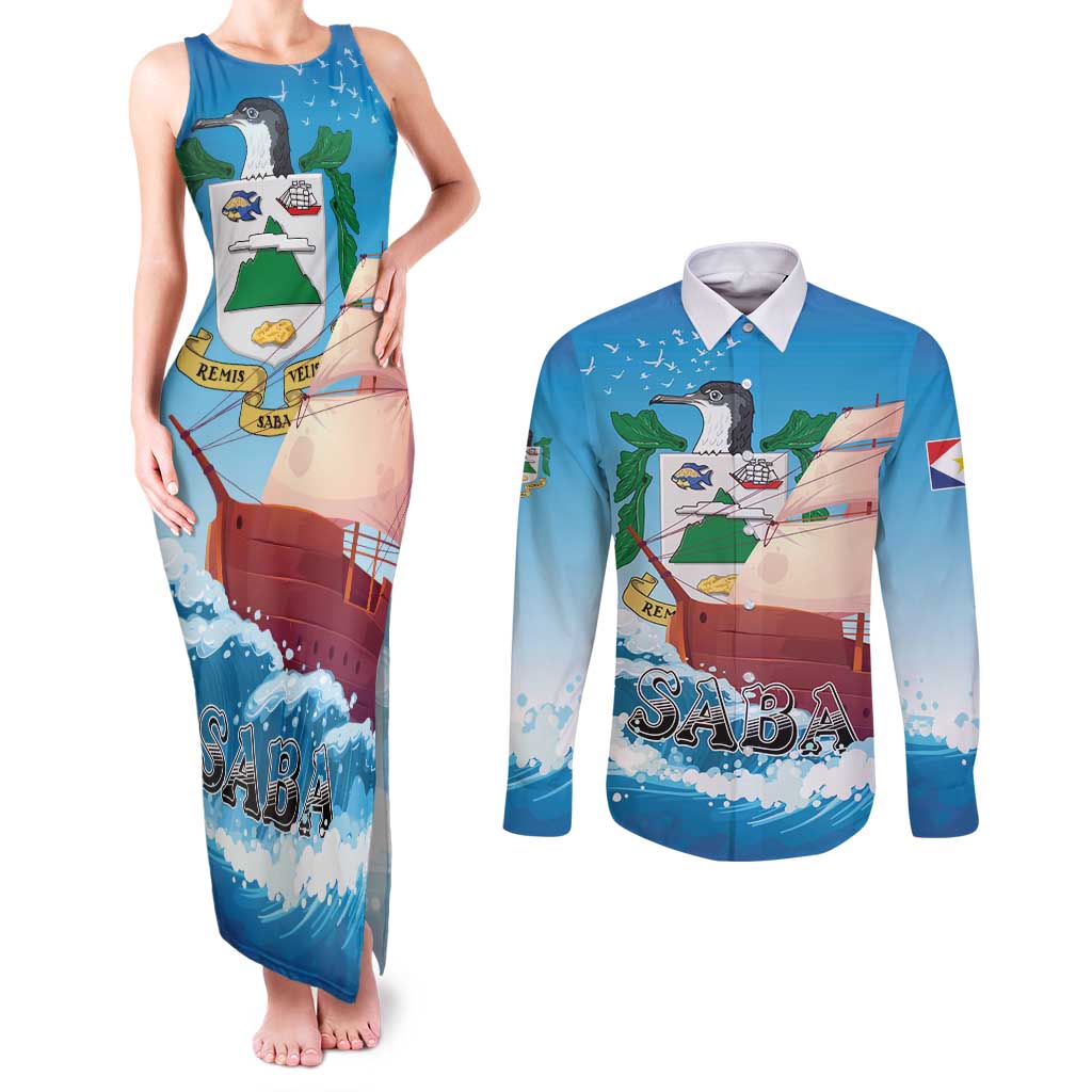 Personalized Saba Couples Matching Tank Maxi Dress and Long Sleeve Button Shirt Sailboat Remis Velisque