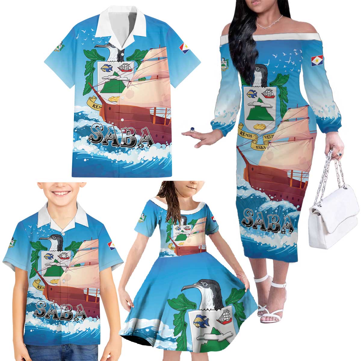 Personalized Saba Family Matching Off The Shoulder Long Sleeve Dress and Hawaiian Shirt Sailboat Remis Velisque