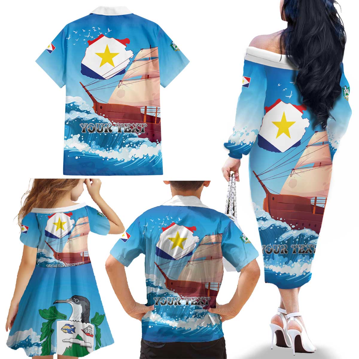 Personalized Saba Family Matching Off The Shoulder Long Sleeve Dress and Hawaiian Shirt Sailboat Remis Velisque