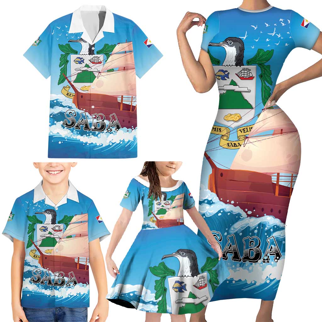 Personalized Saba Family Matching Short Sleeve Bodycon Dress and Hawaiian Shirt Sailboat Remis Velisque - Wonder Print Shop