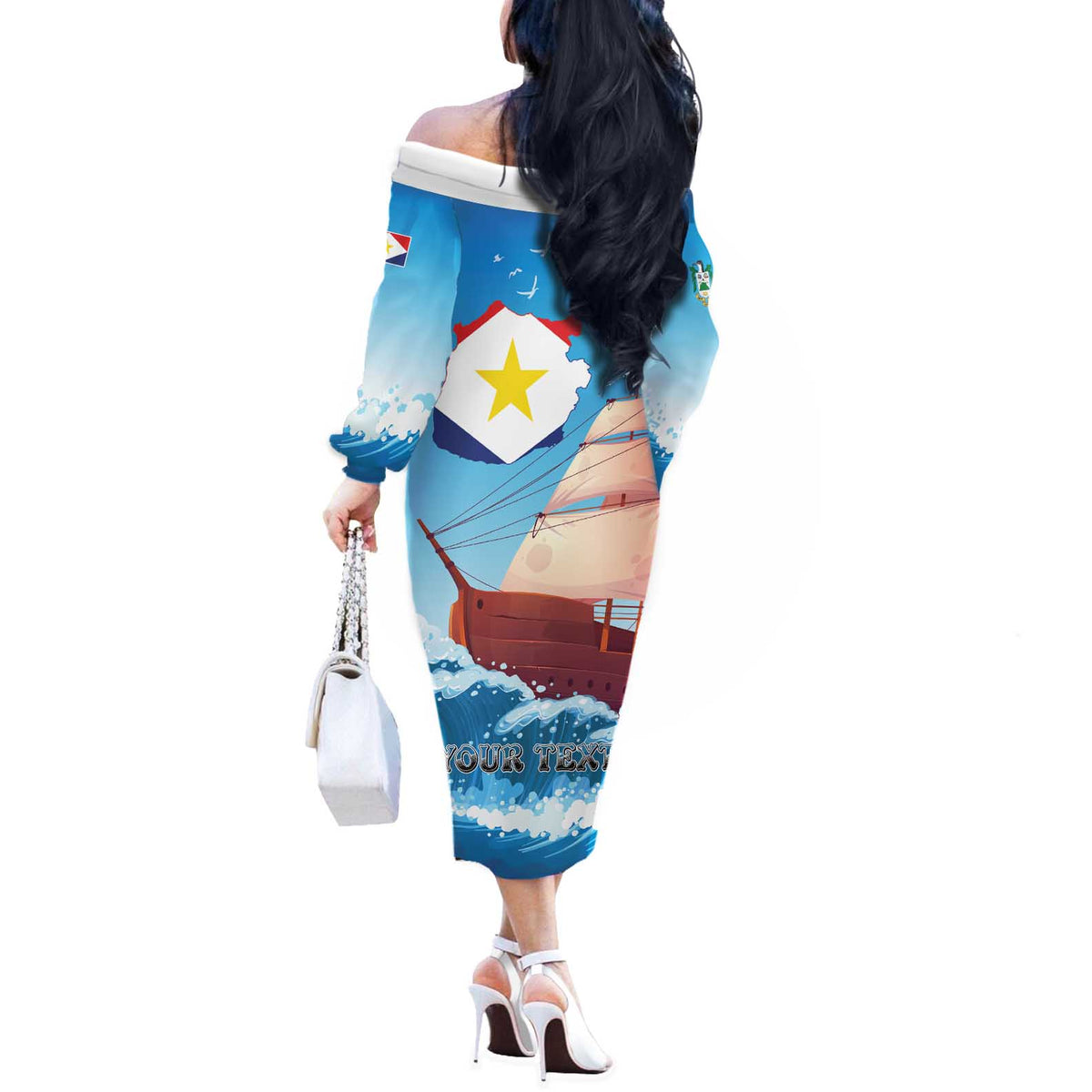 Personalized Saba Off The Shoulder Long Sleeve Dress Sailboat Remis Velisque - Wonder Print Shop