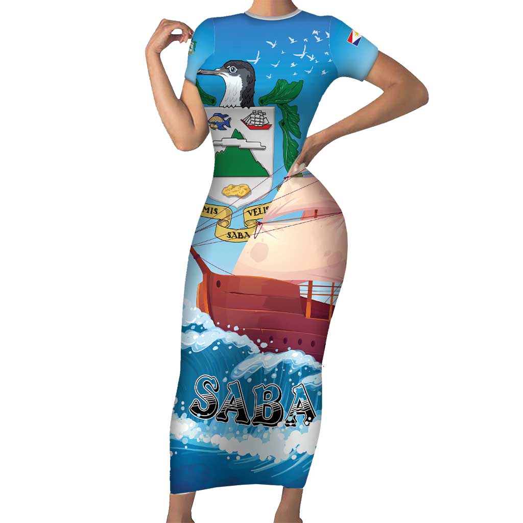 Personalized Saba Short Sleeve Bodycon Dress Sailboat Remis Velisque - Wonder Print Shop