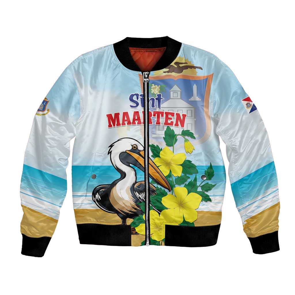 Personalized Sint Maarten Bomber Jacket Brown Pelican With Yellow Sage - Wonder Print Shop