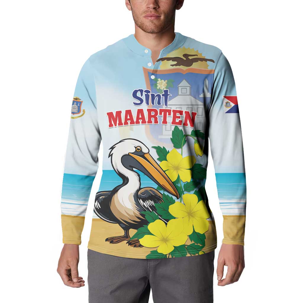 Personalized Sint Maarten Button Sweatshirt Brown Pelican With Yellow Sage - Wonder Print Shop