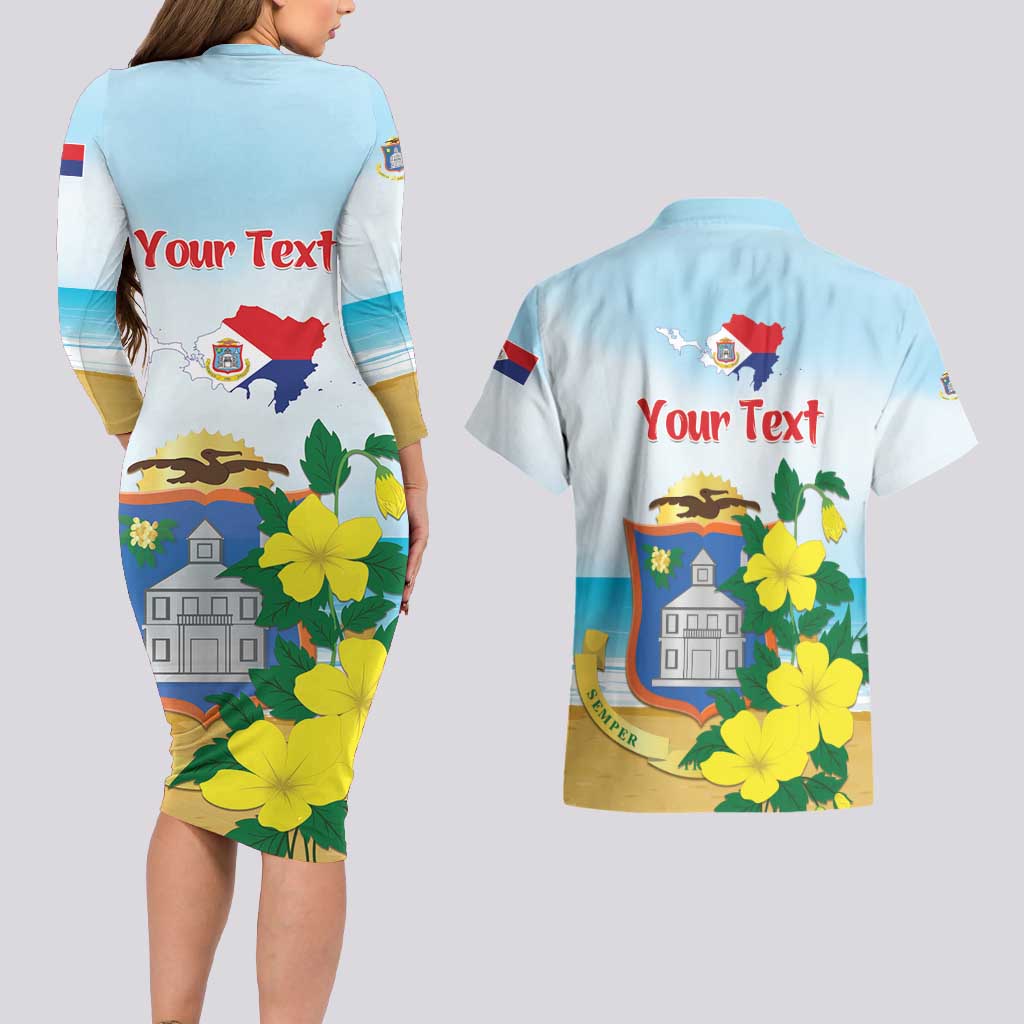 Personalized Sint Maarten Couples Matching Long Sleeve Bodycon Dress and Hawaiian Shirt Brown Pelican With Yellow Sage