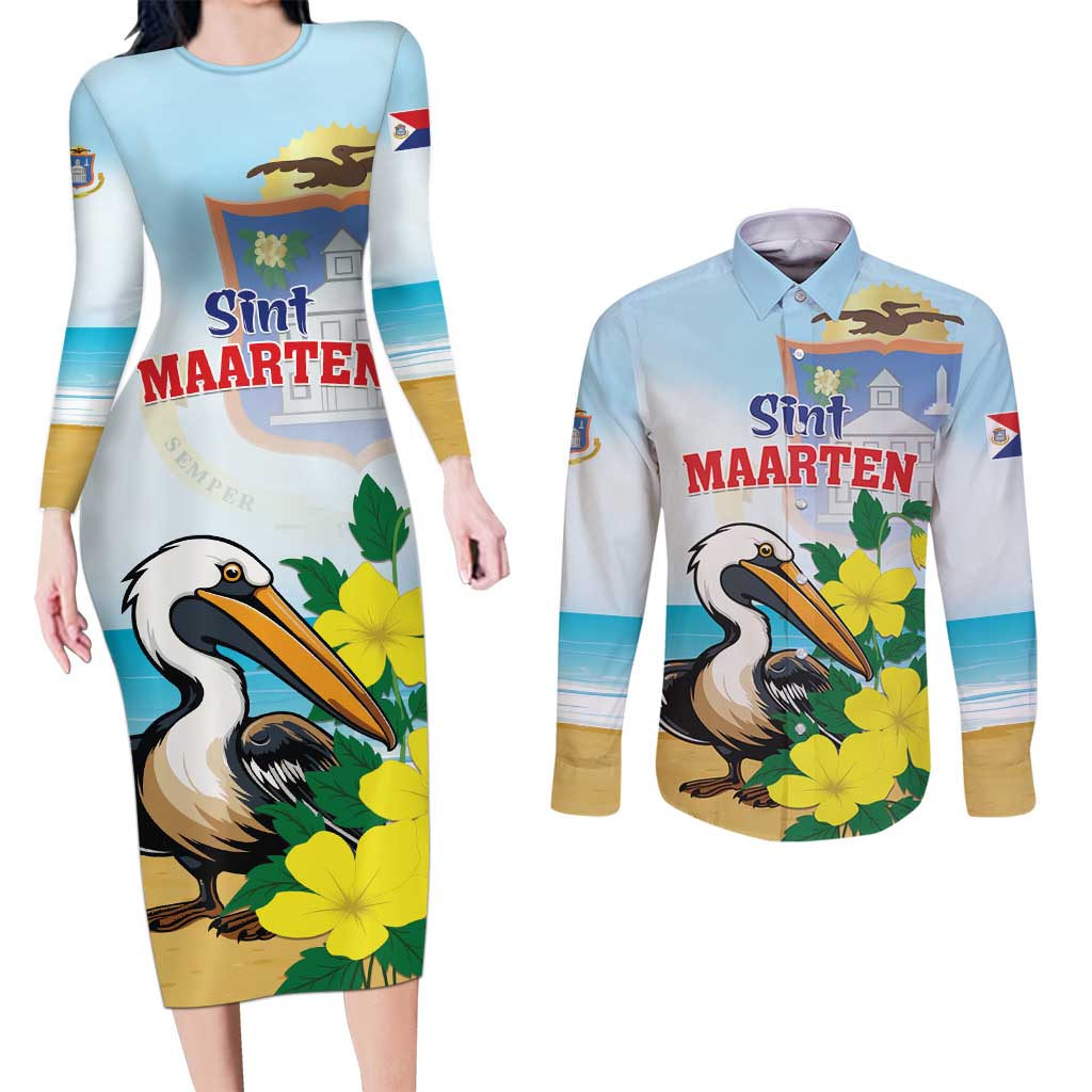 Personalized Sint Maarten Couples Matching Long Sleeve Bodycon Dress and Long Sleeve Button Shirt Brown Pelican With Yellow Sage