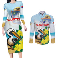 Personalized Sint Maarten Couples Matching Long Sleeve Bodycon Dress and Long Sleeve Button Shirt Brown Pelican With Yellow Sage