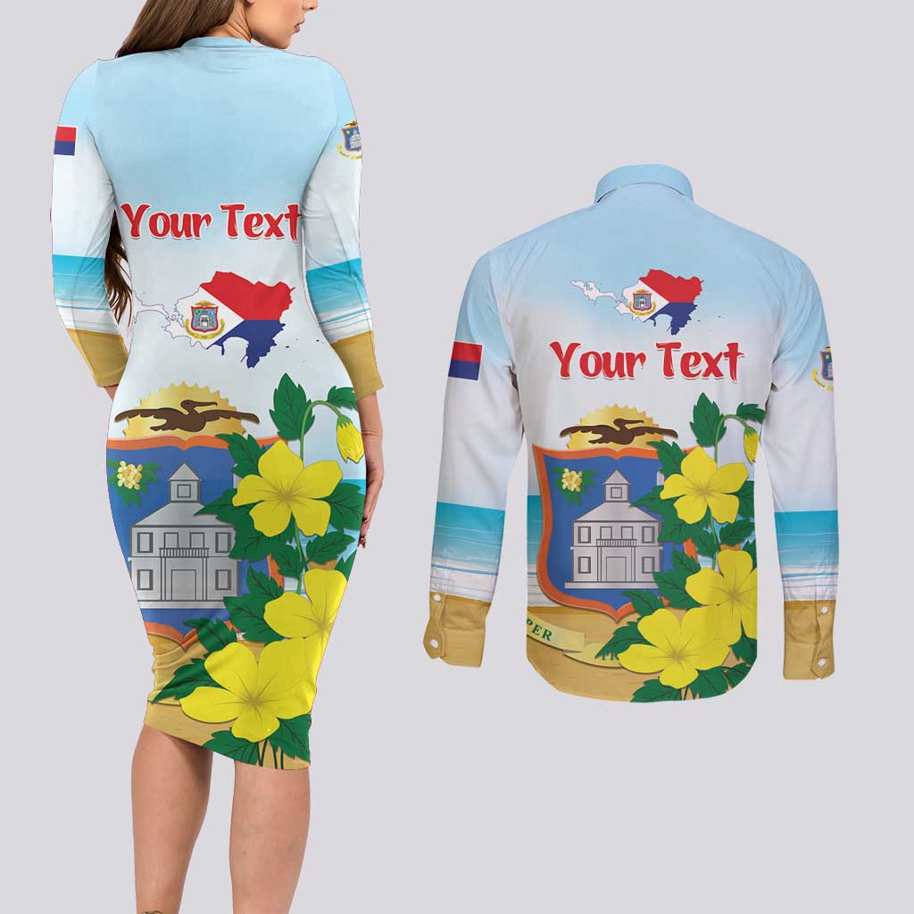 Personalized Sint Maarten Couples Matching Long Sleeve Bodycon Dress and Long Sleeve Button Shirt Brown Pelican With Yellow Sage