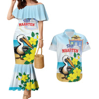 Personalized Sint Maarten Couples Matching Mermaid Dress and Hawaiian Shirt Brown Pelican With Yellow Sage