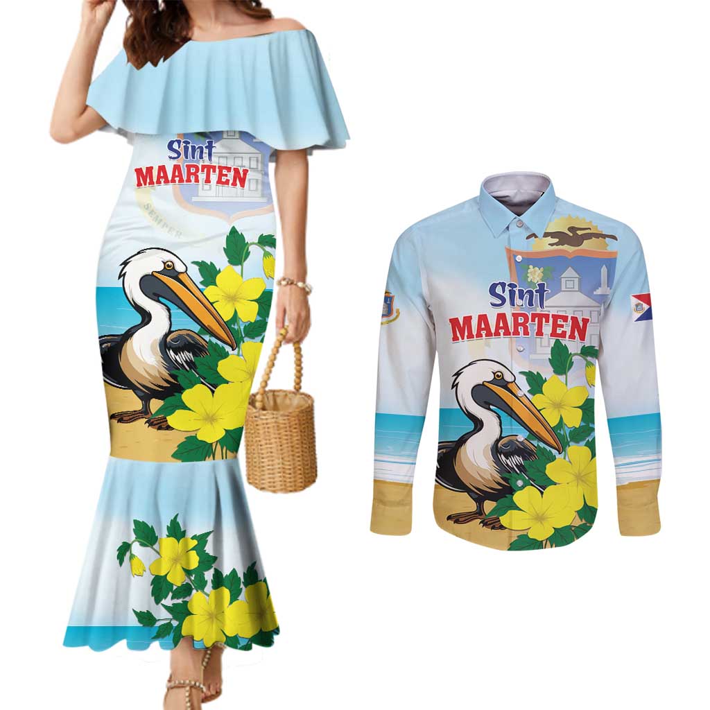Personalized Sint Maarten Couples Matching Mermaid Dress and Long Sleeve Button Shirt Brown Pelican With Yellow Sage