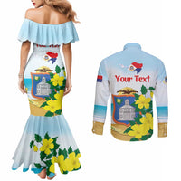Personalized Sint Maarten Couples Matching Mermaid Dress and Long Sleeve Button Shirt Brown Pelican With Yellow Sage