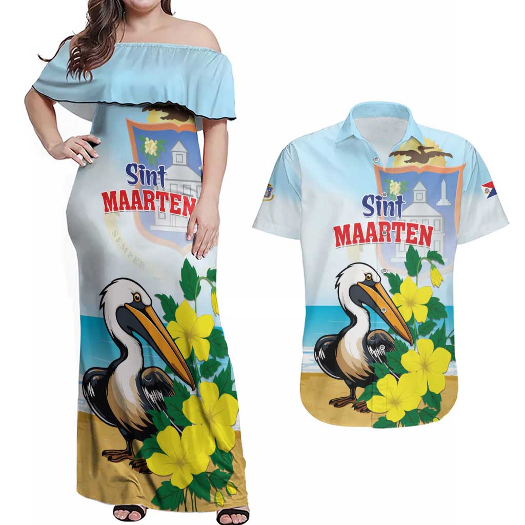 Personalized Sint Maarten Couples Matching Off Shoulder Maxi Dress and Hawaiian Shirt Brown Pelican With Yellow Sage