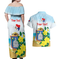 Personalized Sint Maarten Couples Matching Off Shoulder Maxi Dress and Hawaiian Shirt Brown Pelican With Yellow Sage