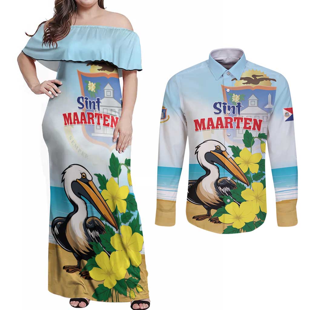 Personalized Sint Maarten Couples Matching Off Shoulder Maxi Dress and Long Sleeve Button Shirt Brown Pelican With Yellow Sage