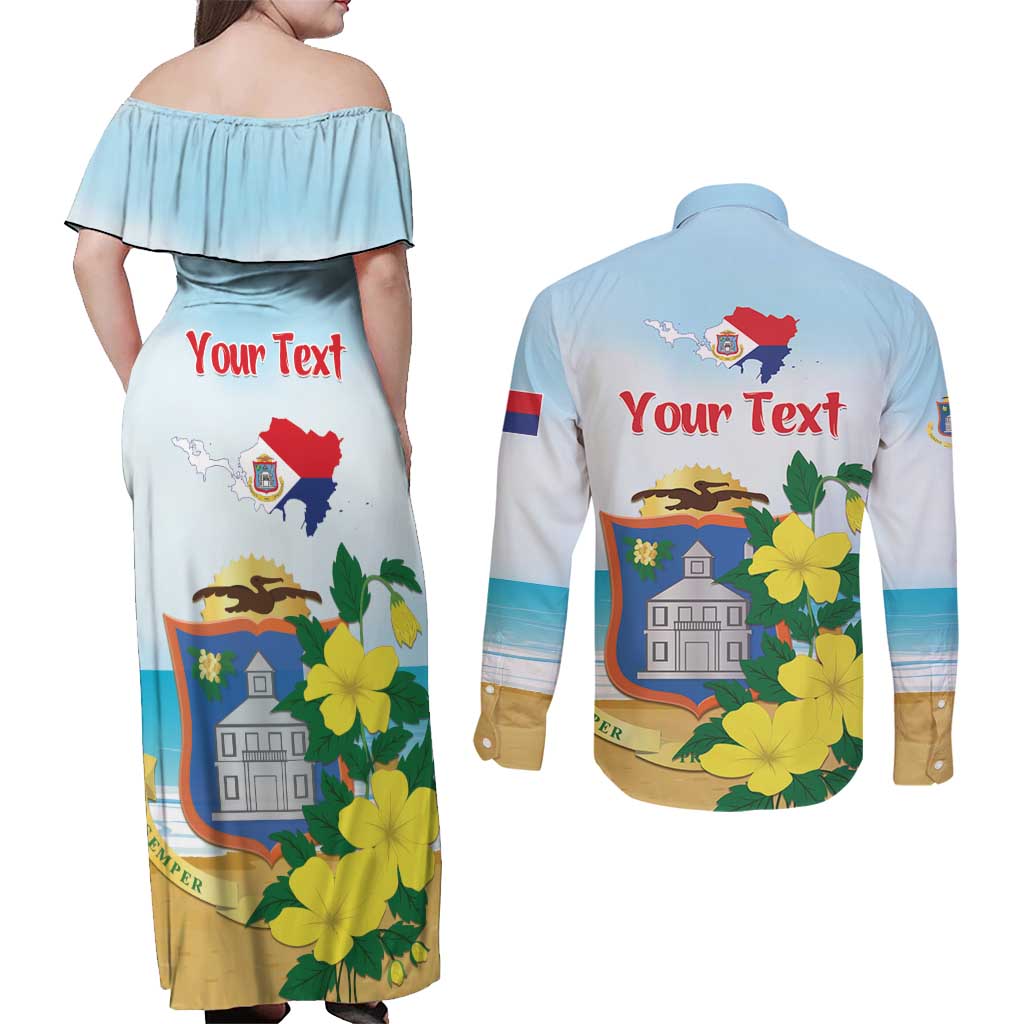 Personalized Sint Maarten Couples Matching Off Shoulder Maxi Dress and Long Sleeve Button Shirt Brown Pelican With Yellow Sage