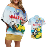 Personalized Sint Maarten Couples Matching Off Shoulder Short Dress and Hawaiian Shirt Brown Pelican With Yellow Sage